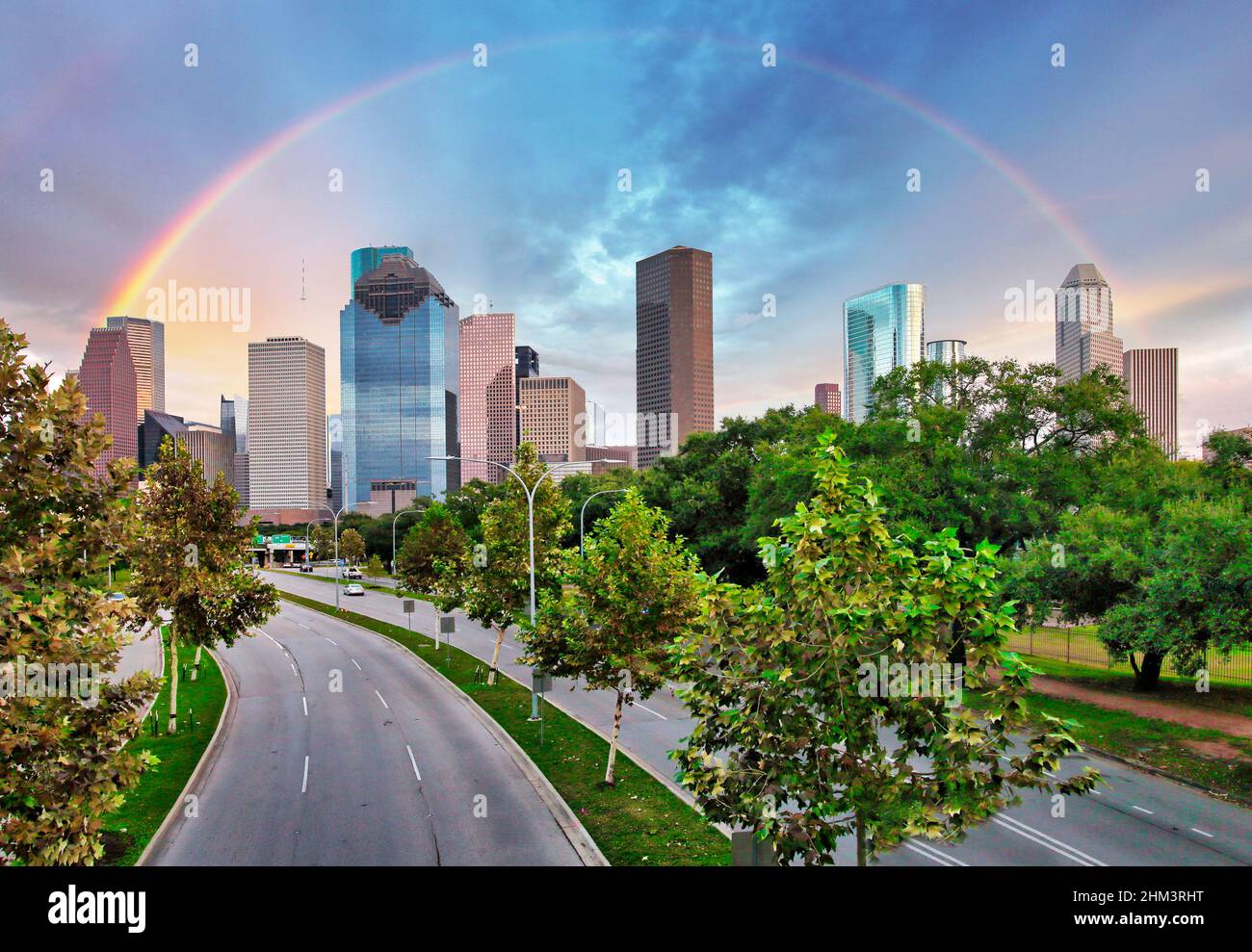 Rainbow over Houston skyline downtown, USA Texas Stock Photo Alamy
