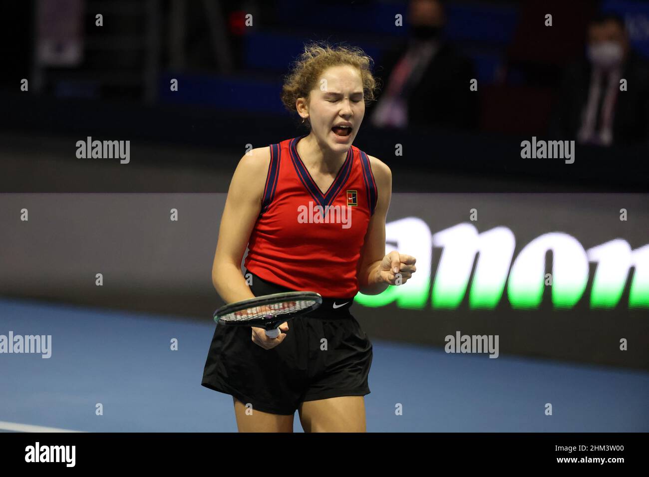 St. Peterburg, Russia. 07th Feb, 2022. Erika Andreeva of Russia reacts during the St