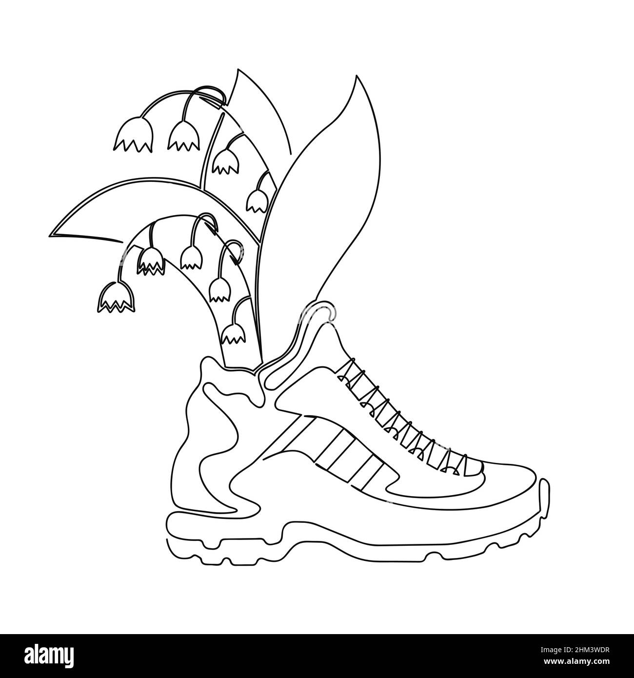 Flowers grow from running shoes. Drawn with one continuous line. Stock vector illustration Stock Vector