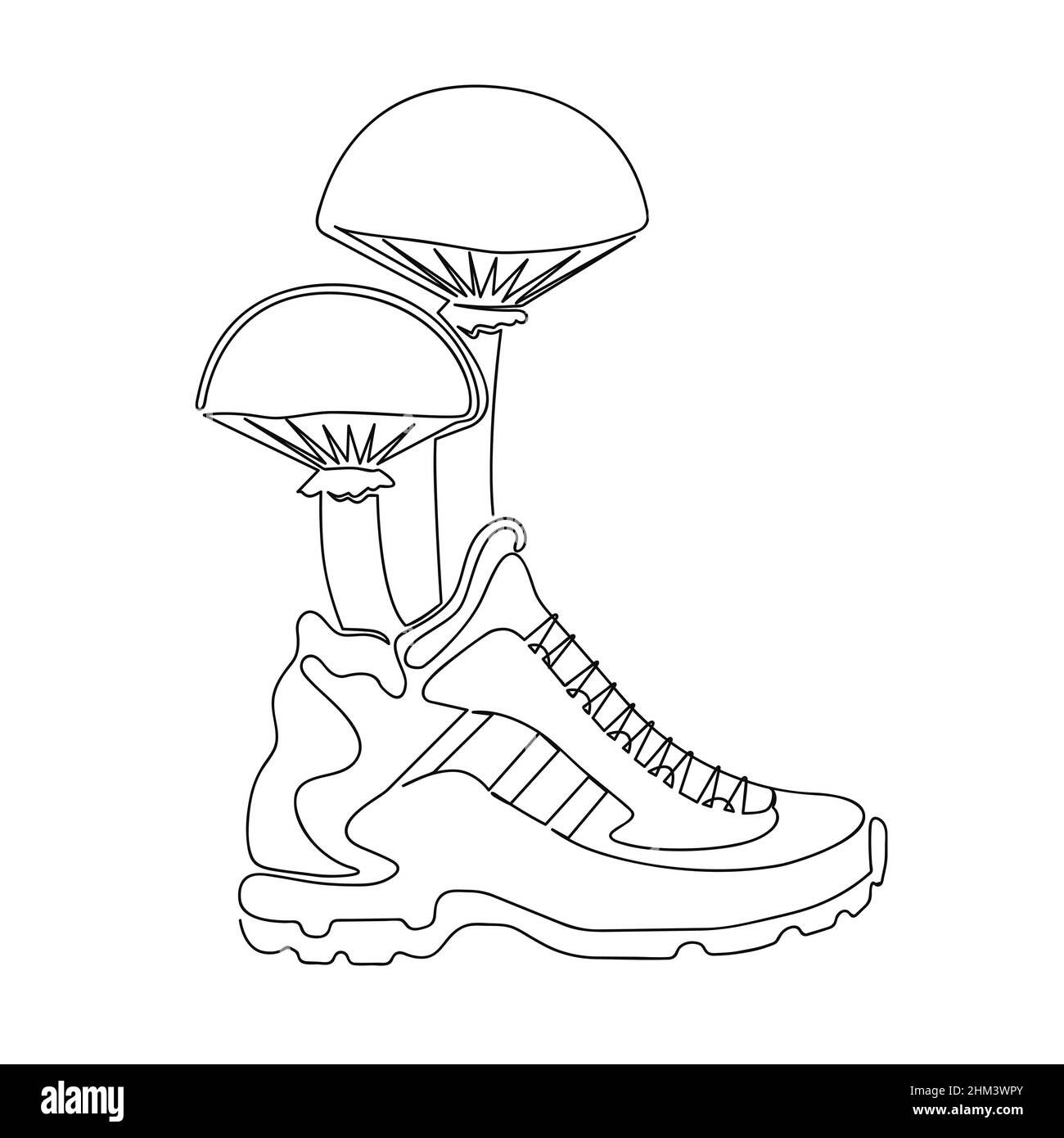 Mushrooms grow out of running shoes. Drawn with one continuous line. Stock vector illustration Stock Vector
