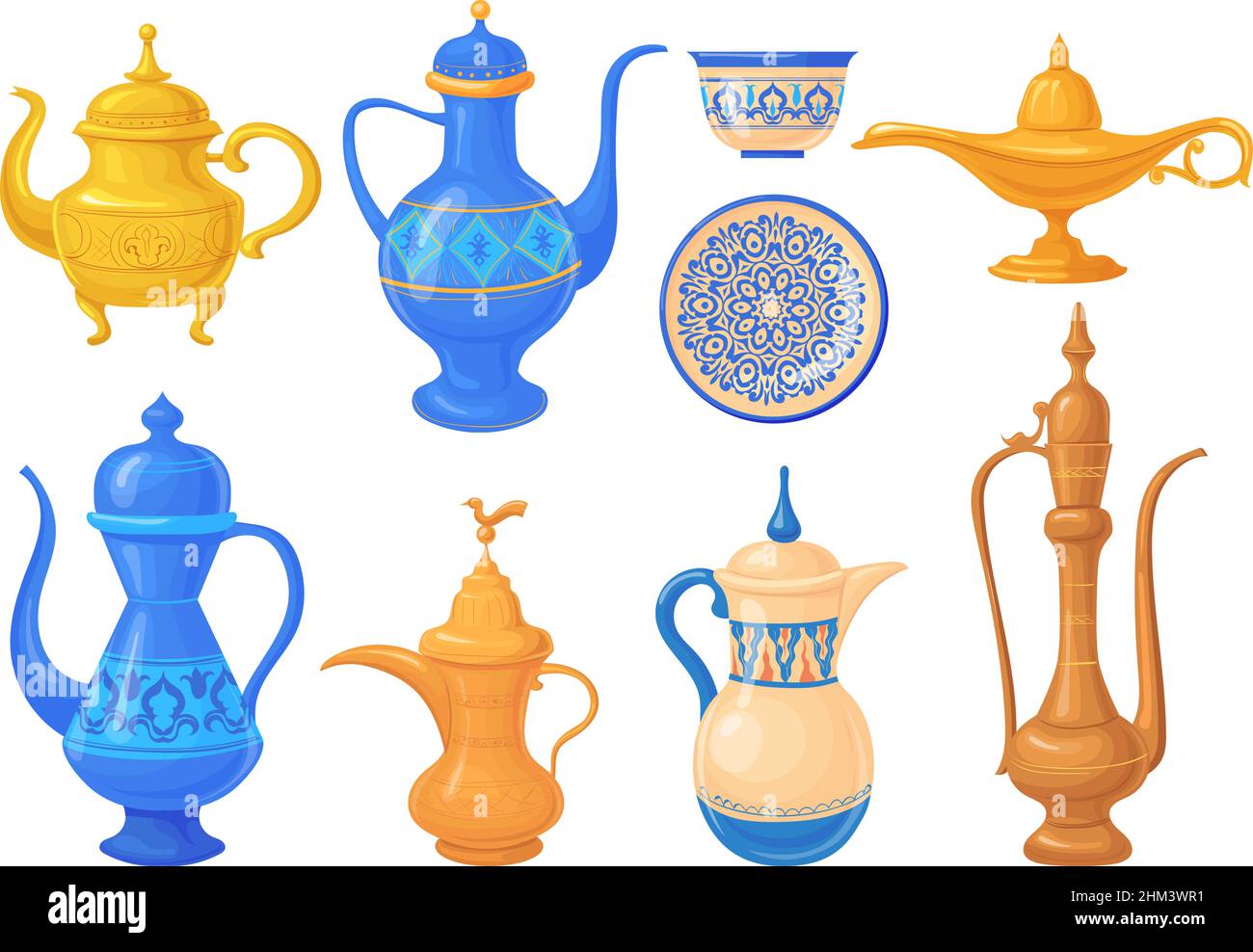 Cartoon arabic jugs. Moroccan teapot or bowl, antique aladdin lamp with genie, kitchen arabical treasure, jug art gold pot for coffee tea, arab heritage, neat vector illustration Stock Vector