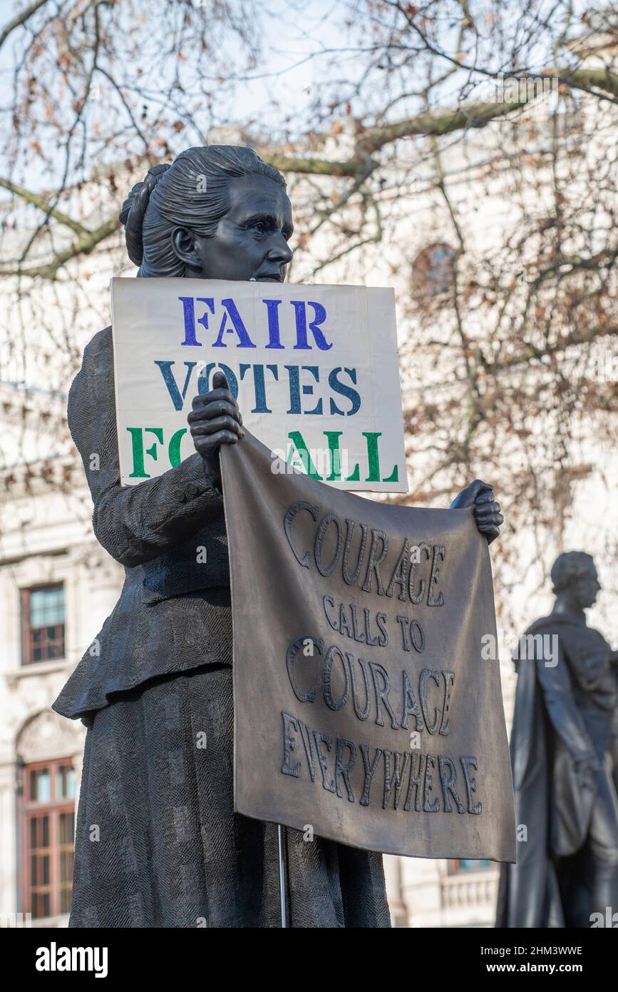 London, UK, 5th February 2022. Campaign sign at the Make Votes Matter rally, protesting against the Tory government's new Elections Bill. The Make Votes Matter movement wants to introduce Proportional Representation to the House of Commons in Westminster. Stock Photo