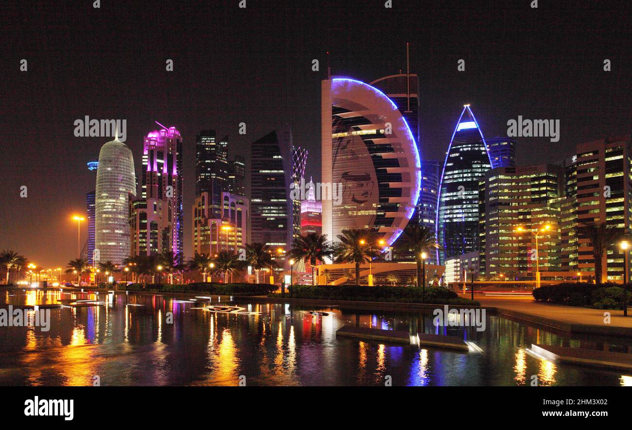 Doha skyline of West Bay Center during sunrise, Qatar Stock Photo Alamy