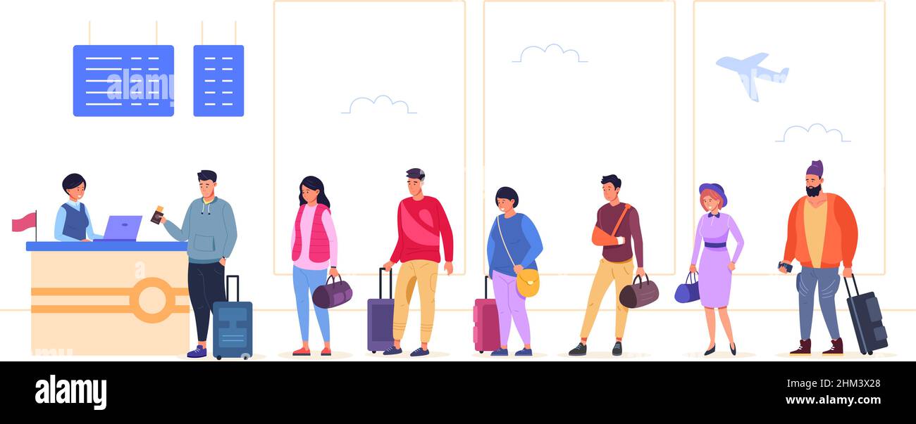Queue of tourists. Travel people line departure airport, check passenger flight airplane, happy tourist suitcase traveling transit in vacation, cartoon vector illustration. Airport line to terminal Stock Vector