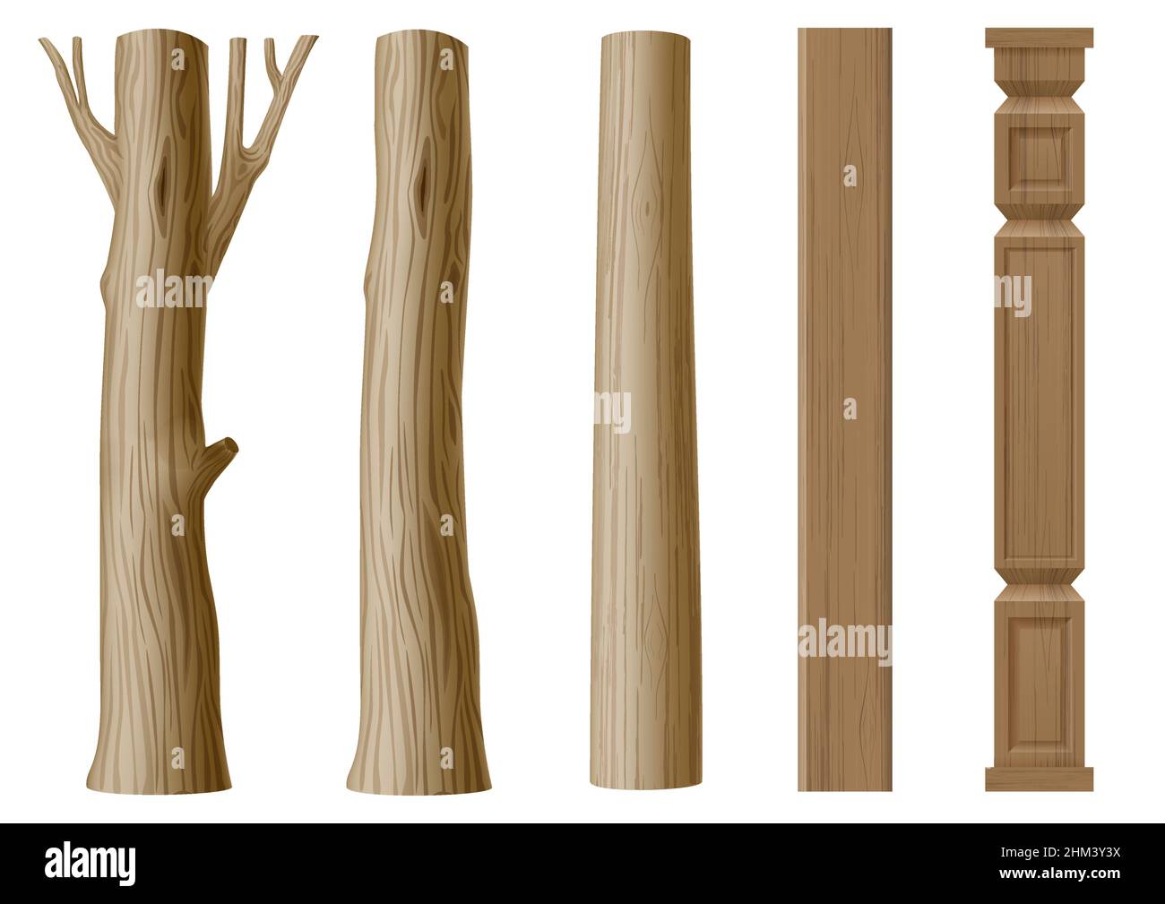 Set of pillars of wood in eco style. The trunk of a tree , a log and carved column. Vector graphics Stock Vector