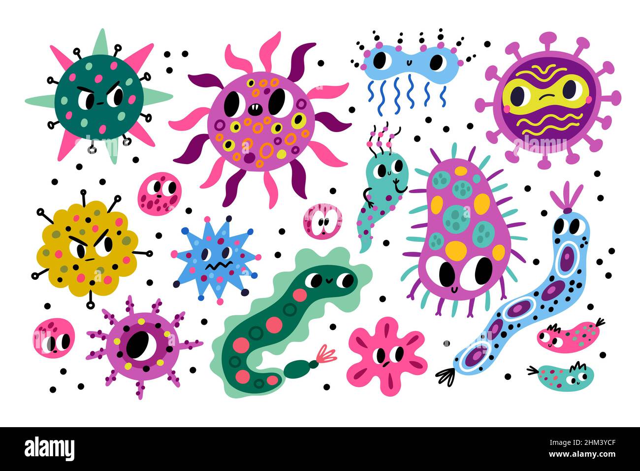 Germ characters. Cartoon bacteria and viruses. Kids comic unicellular