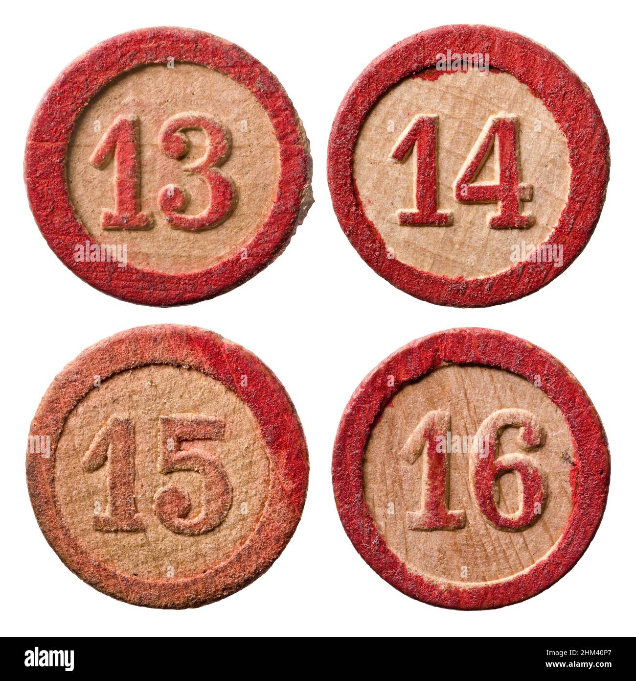 Vintage Wooden Lotto Numbers - 13 - 14 - 15 - 16 Stock Photo