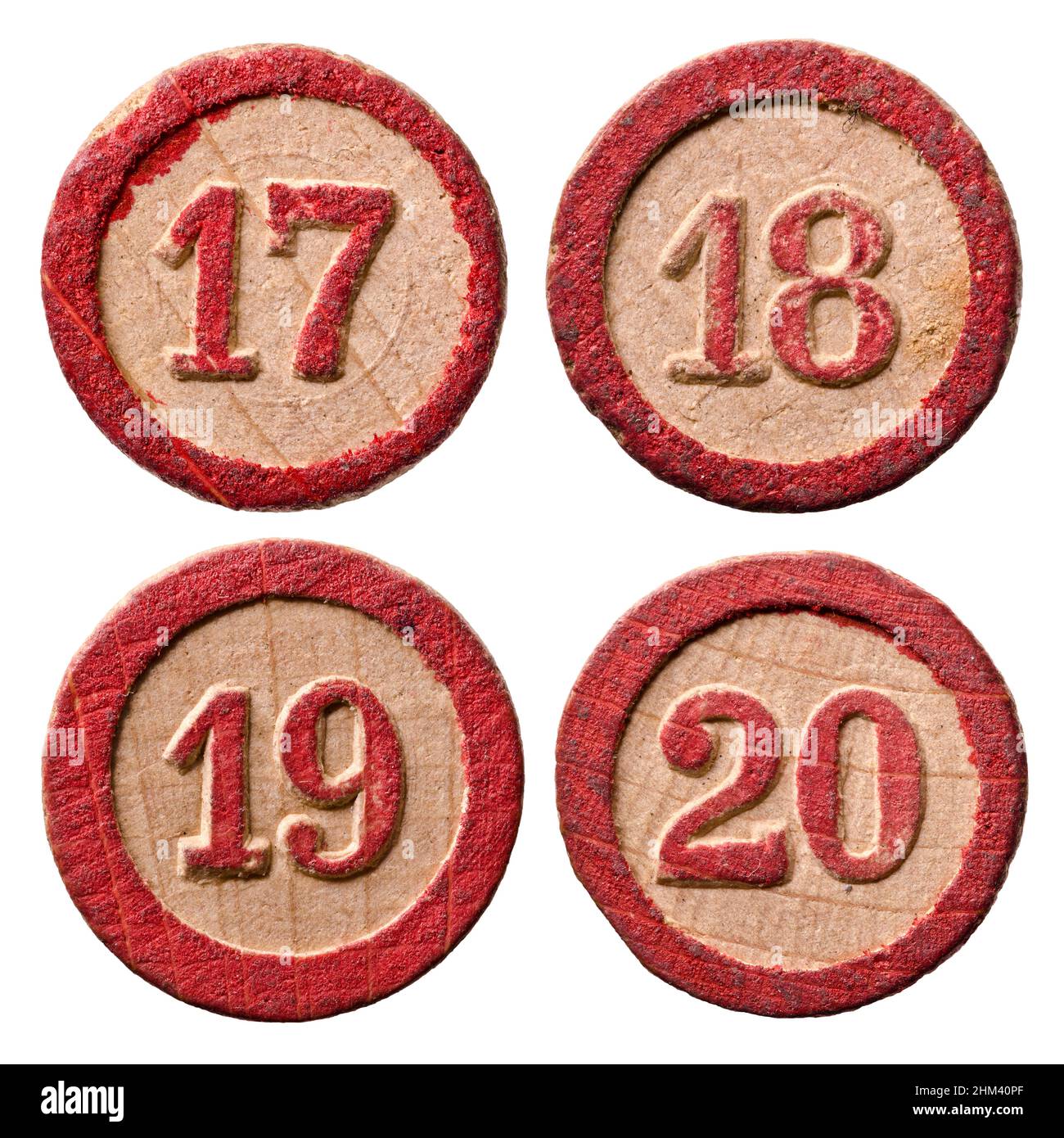 Vintage Wooden Lotto Numbers - 17 - 18 - 19 - 20 Stock Photo