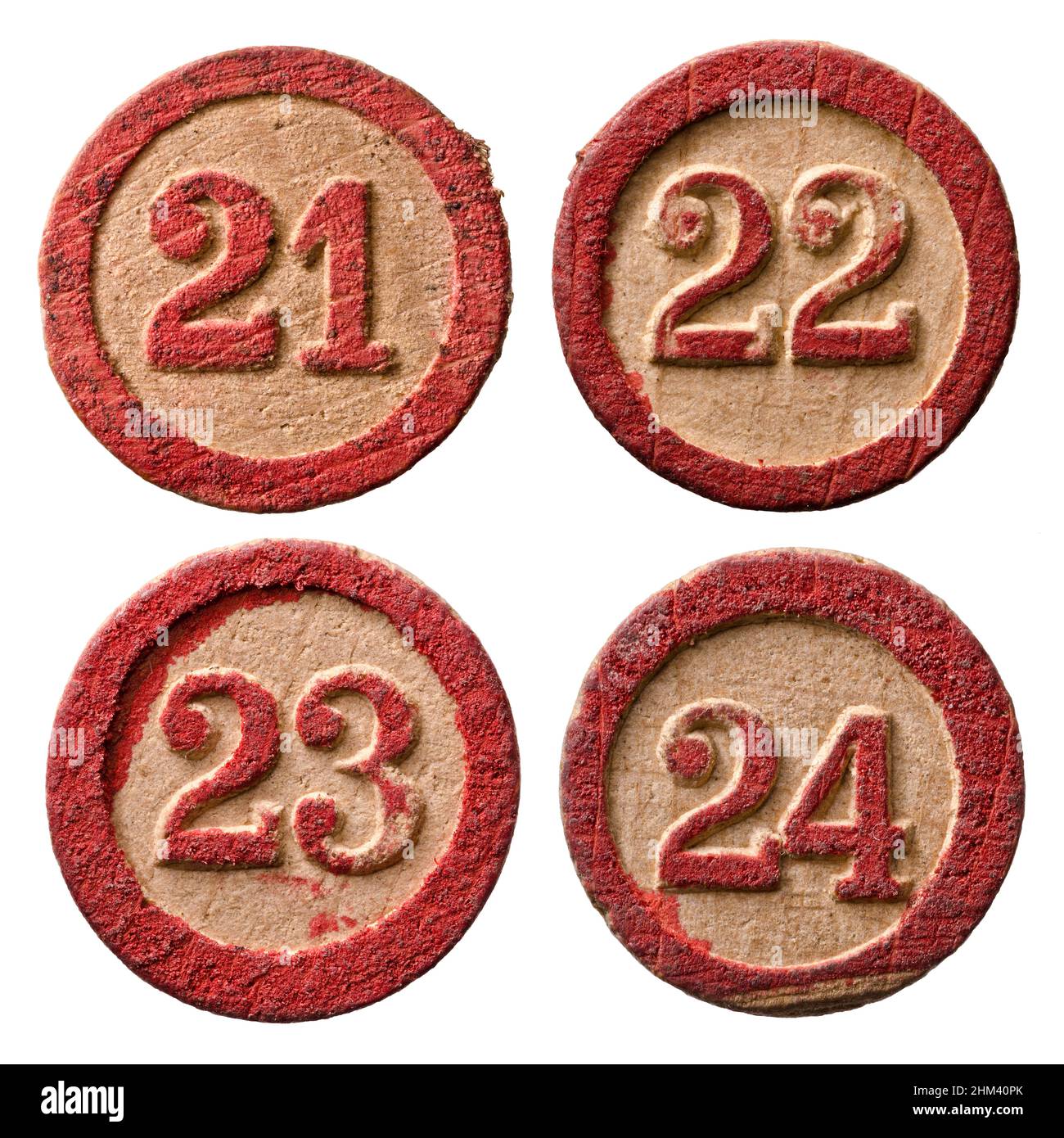 Vintage Wooden Lotto Numbers - 21 - 22 - 23 - 24 Stock Photo
