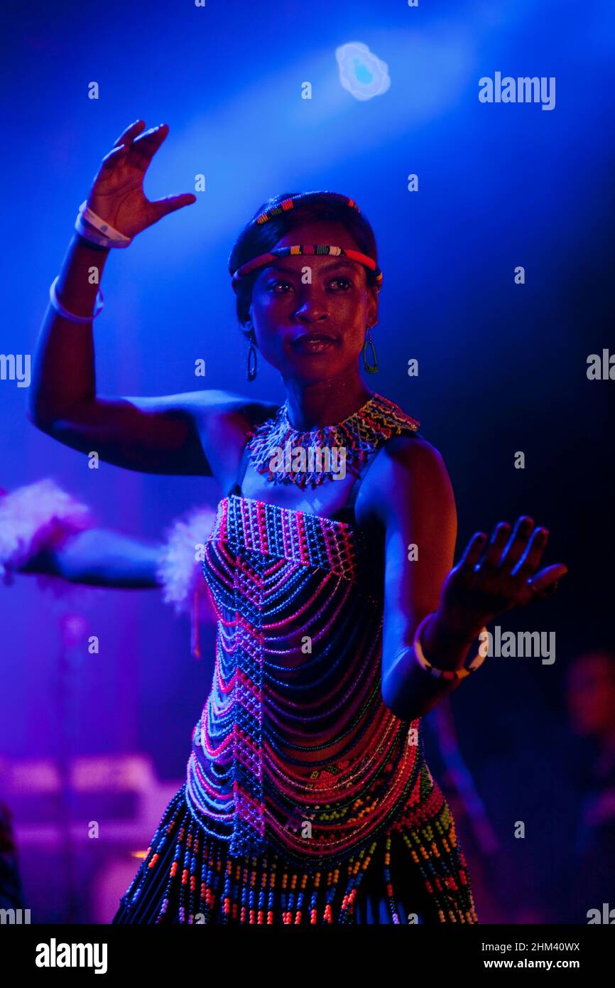 Performer on stage during the closing night of Seychelles Carnival. Stock Photo