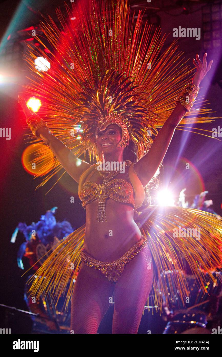 Brazilian dancer performs on stage during the closing night of Seychelles Carnival. Stock Photo