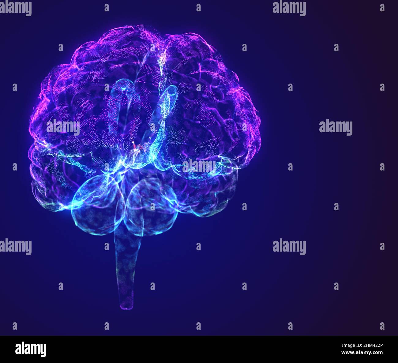 Brain. Blue 3d side of the brain with synapses and glowing neurons ...