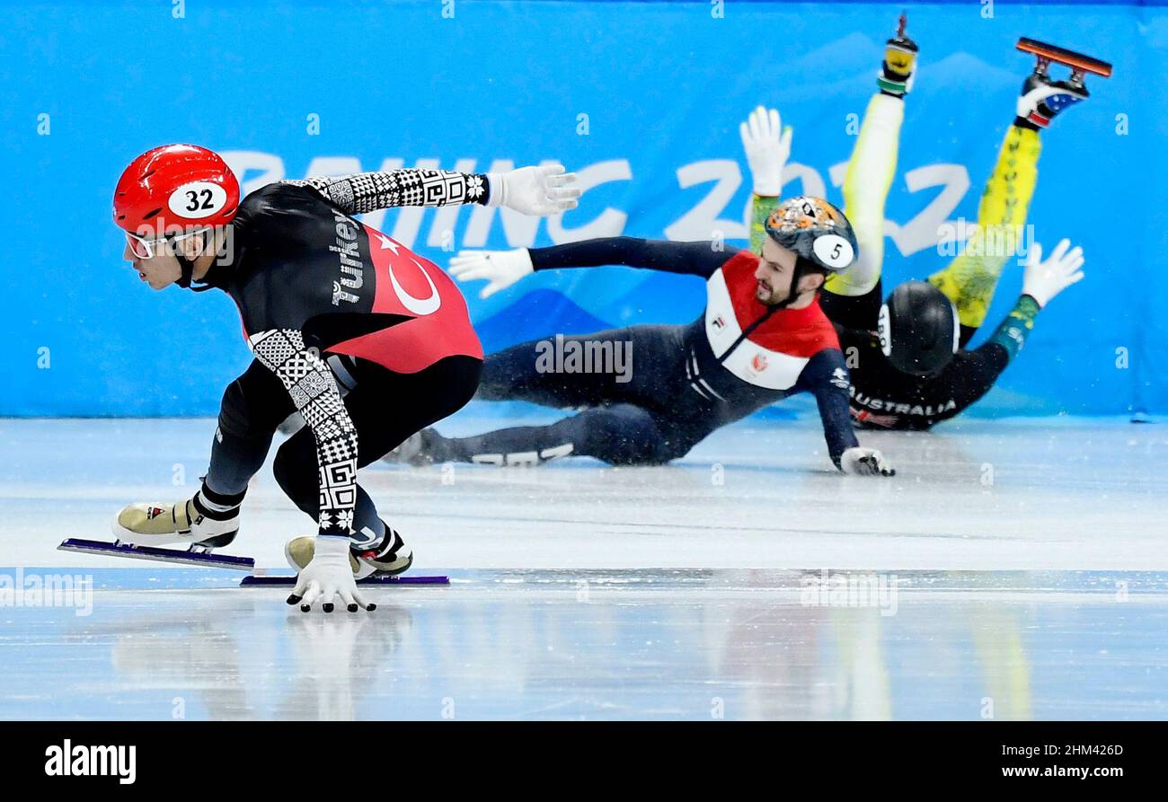 2022 Beijing Olympics - Short Track Speed Skating - Men's 1000m -  Quarterfinals - Capital Indoor Stadium, Beijing, China - February 7, 2022.  Furkan Akar of Turkey in action as Itzhak De