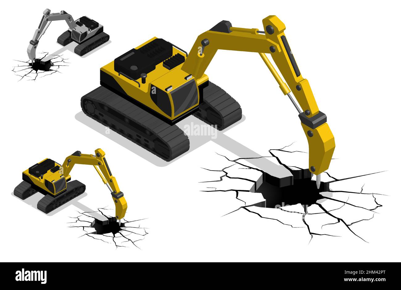 Isometric Heavy tractor machine for construction with demolition jackhammer. Industrial machinery and equipment. Realistic 3D Vector Isolated on white Stock Vector