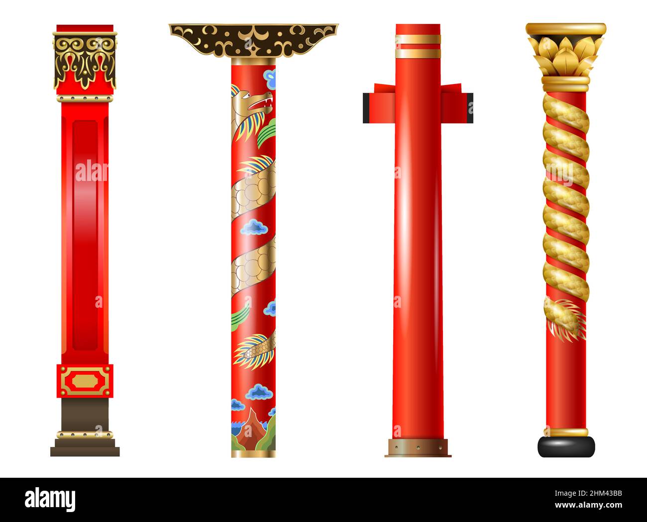 Vector set of red oriental columns of Chinese and Japanese, Thai. Pillars with decor Stock Vector