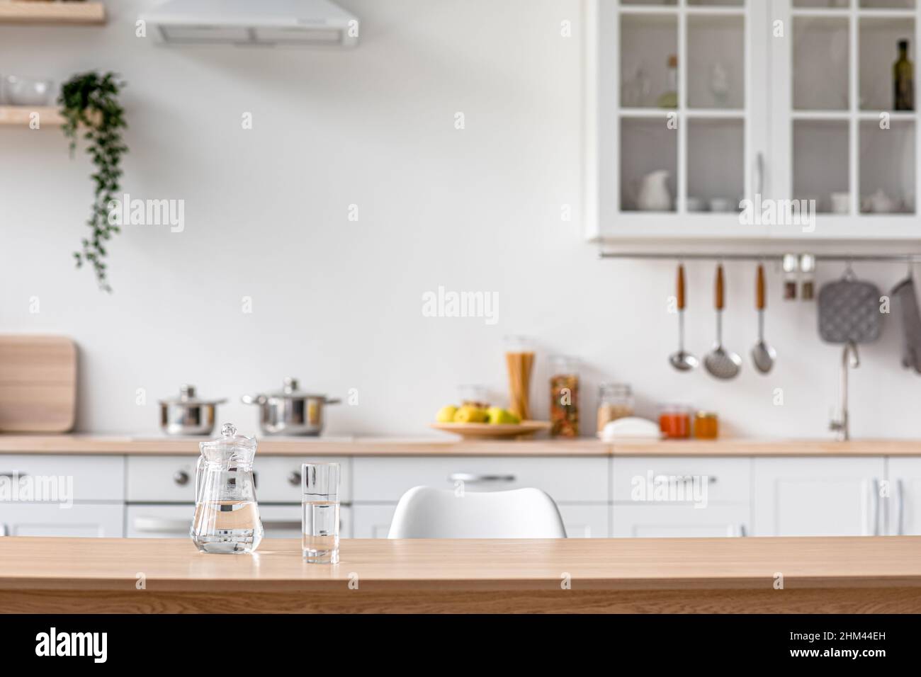 Interior of modern minimalist scandinavian kitchen and health care at home, free space Stock Photo