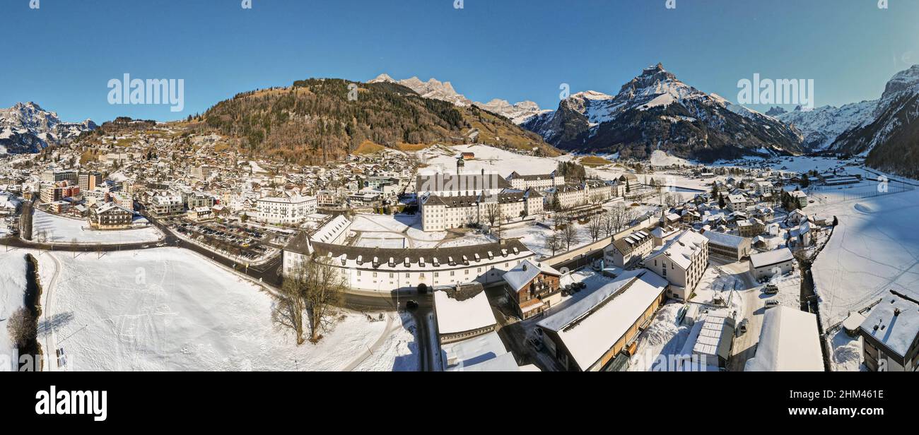 Drone view at the village of Engelberg on the Swiss alps Stock Photo ...
