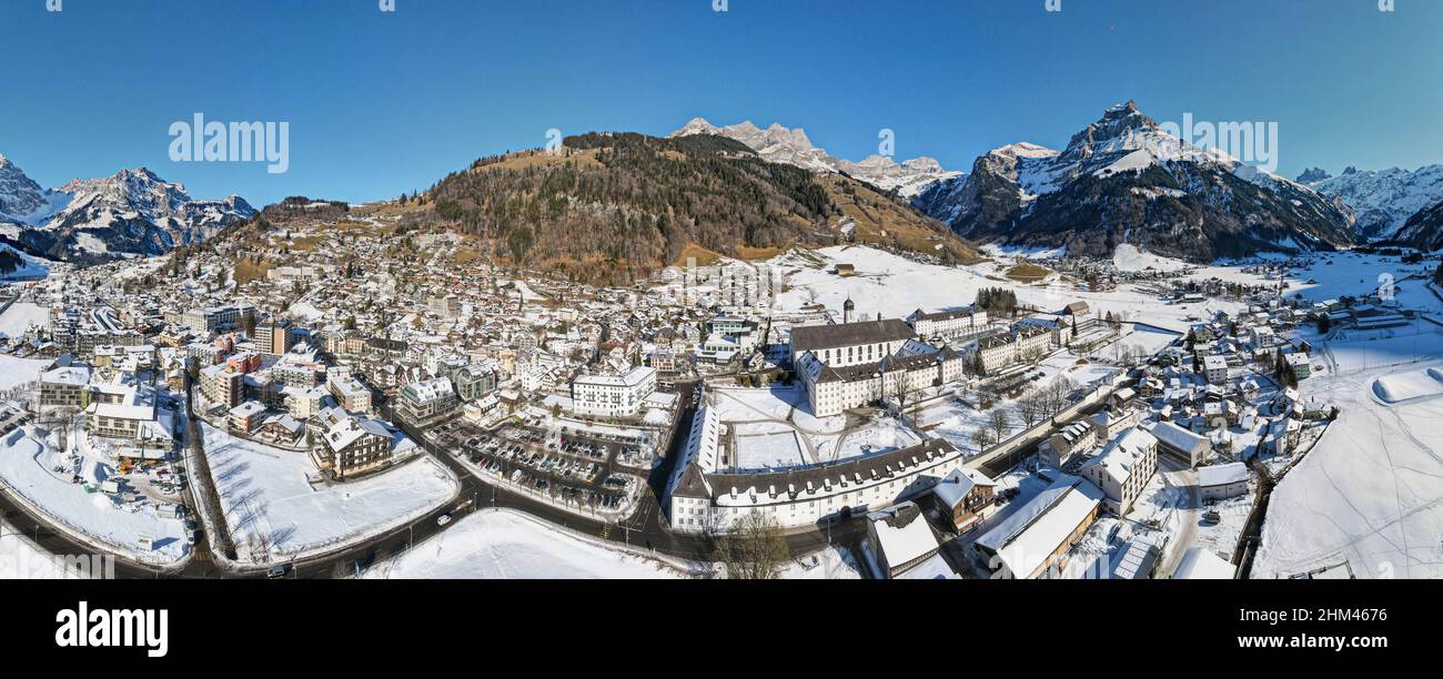 Drone view at the village of Engelberg on the Swiss alps Stock Photo ...