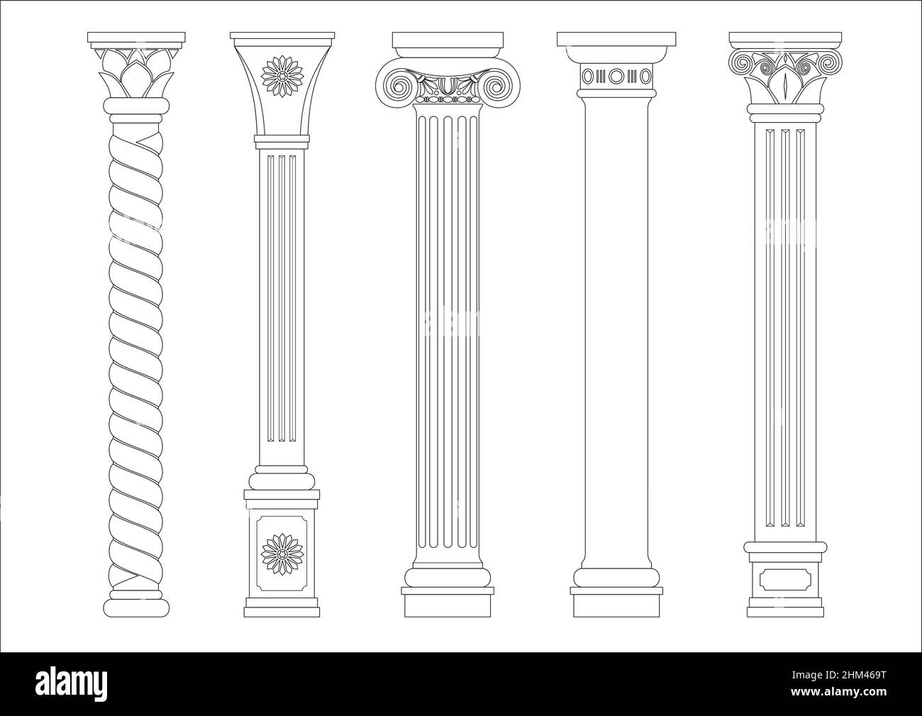 Contour coloring of classical columns. Set of patterns in vector graphics Stock Vector