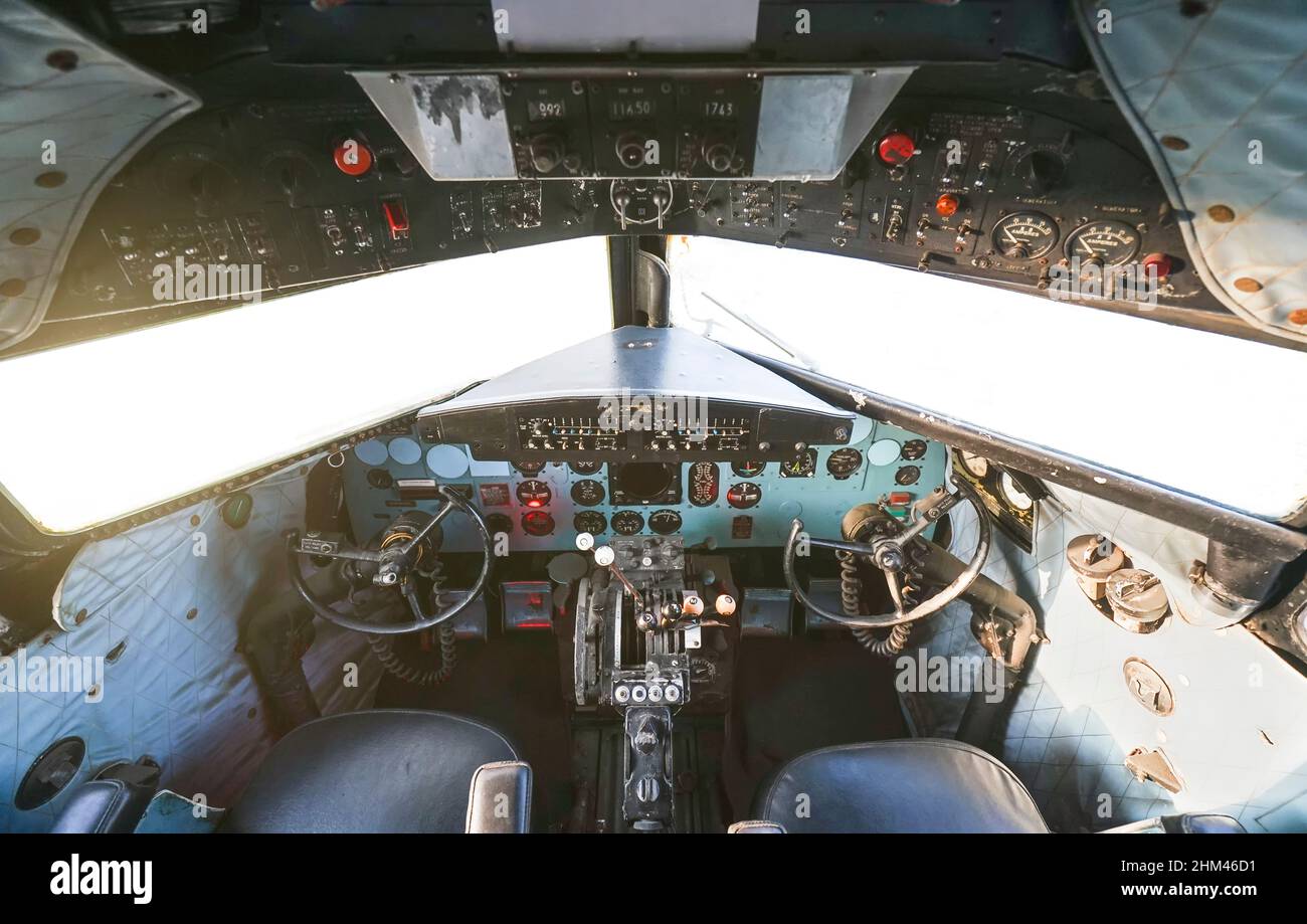Cockpit of old aircraft Douglas DC-3 Dakota also known as C47. Stock Photo