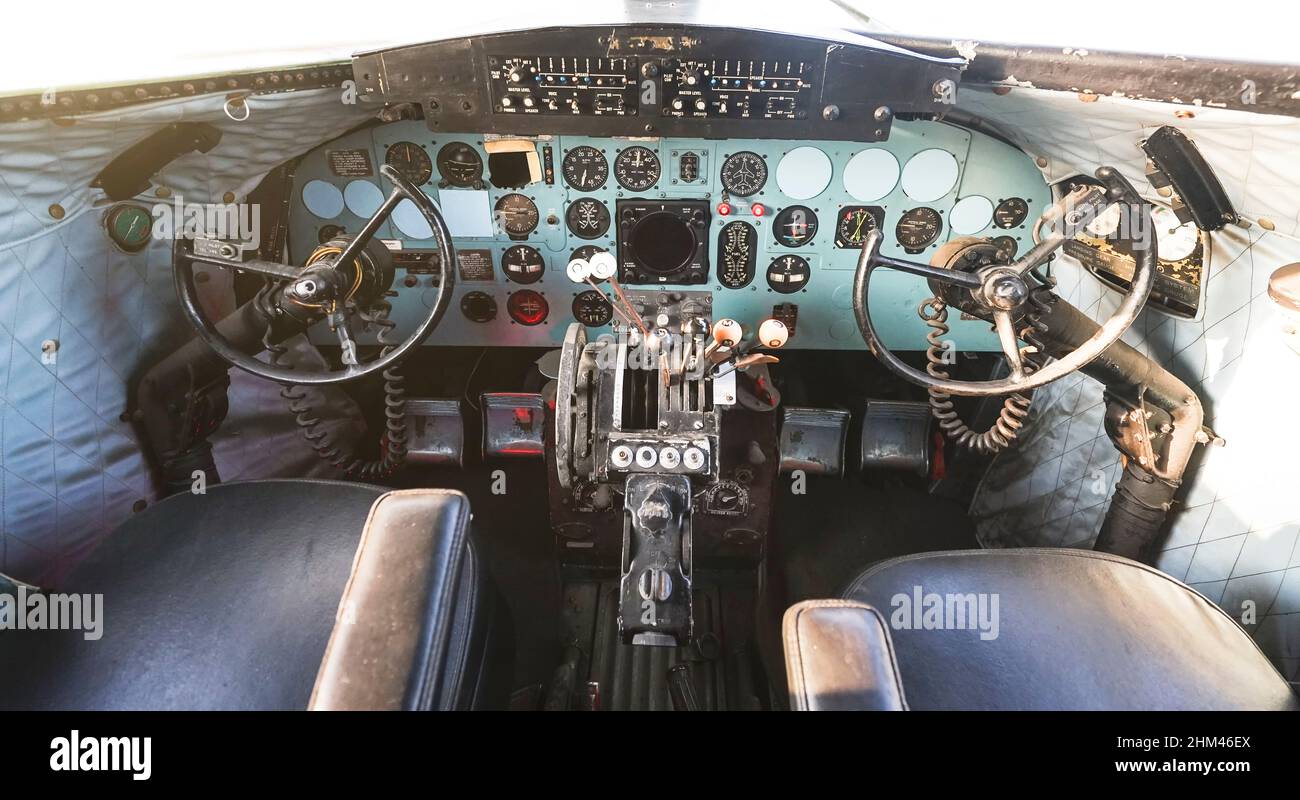 Cockpit of old aircraft Douglas DC-3 Dakota also known as C47. Stock Photo