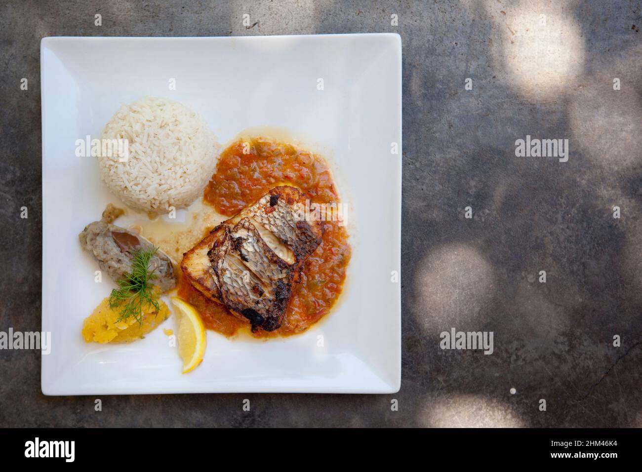 Grilled fish, rice, sauces and lemon on a dinner plate. Stock Photo