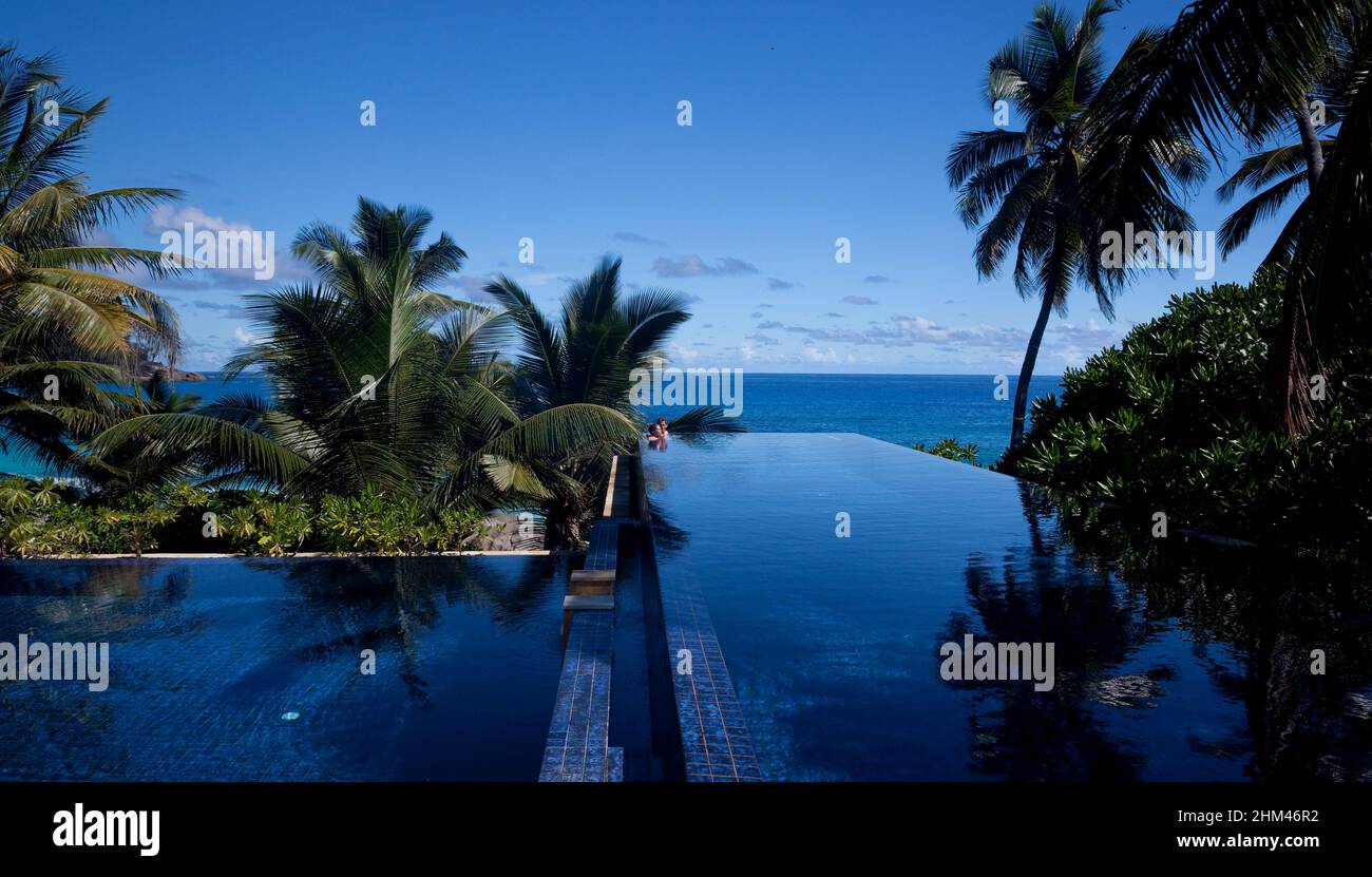 Infinity pool at Banyan Tree Resort on Mahe, Seychelles Islands. Stock Photo