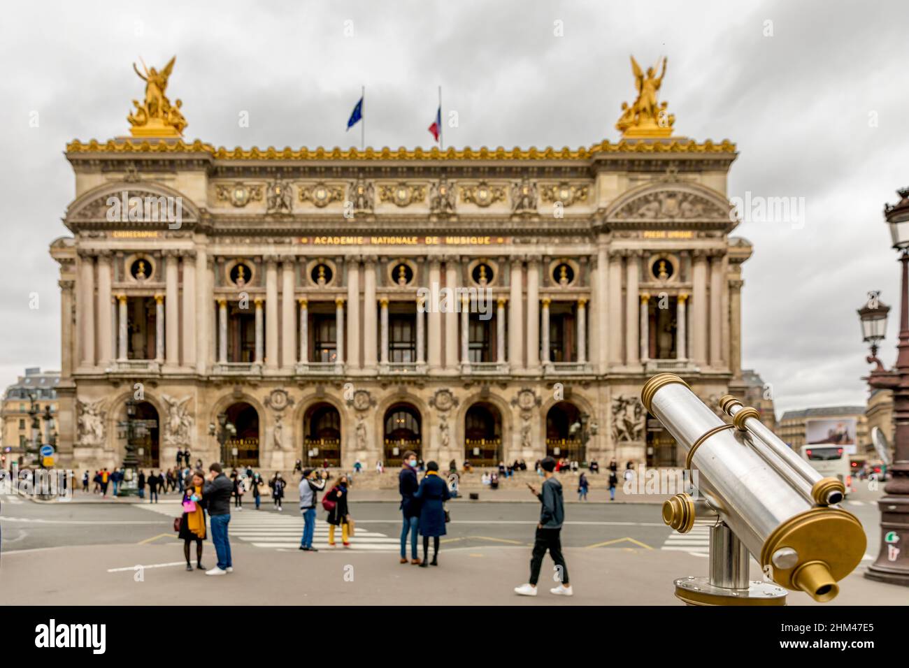 Paris, France - October 25, 2020: Binoculars with blurred Opera de Paris in background in Paris Stock Photo