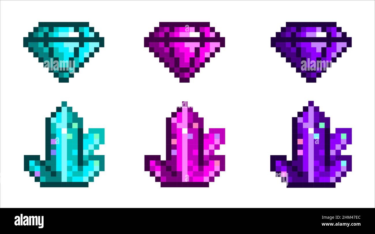 Diamonds and crystals pixel art. Game design icons set, 8 bit vector illustration Stock Vector