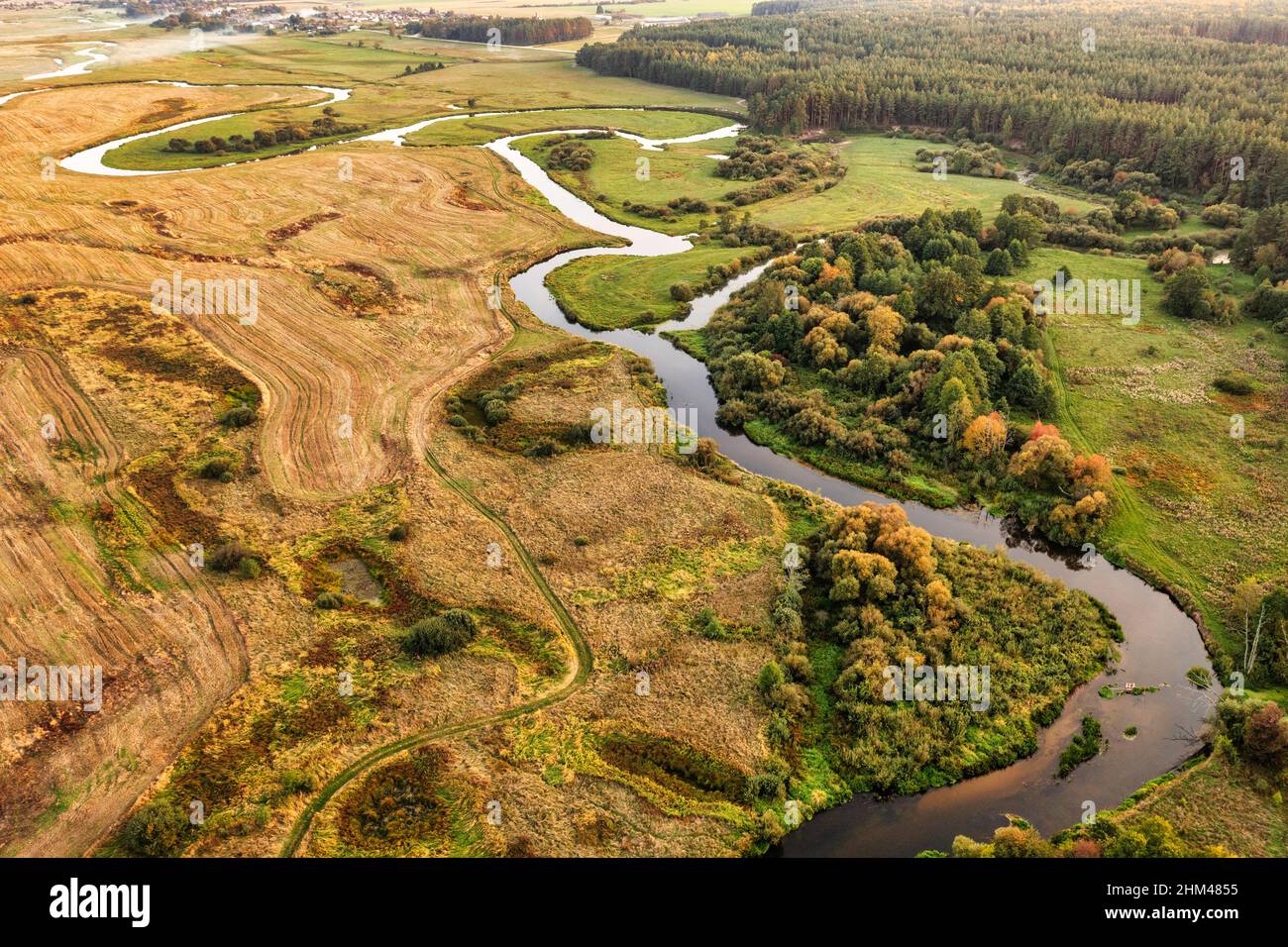 Aerial view on winding river in rural landscape during sunset. Drone view on wetlands Stock Photo