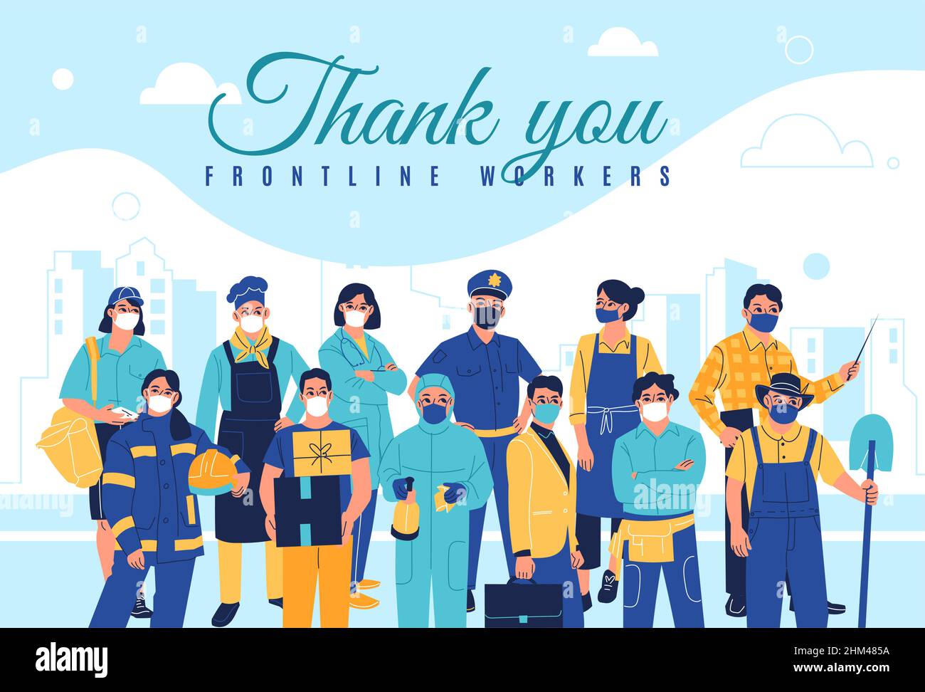 Frontline workers poster. Professionals characters group, main areas specialists, people in medical protective masks, emergency doctors, policemen in Stock Vector