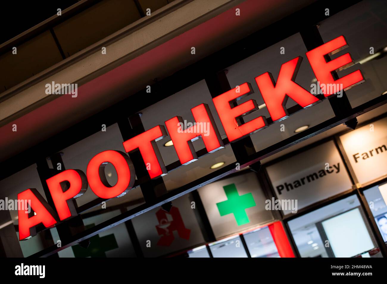 07 February 2022, Berlin: The pharmacy at Bahnhof Zoo has the Apotheke sign on it. In Berlin, the first pharmacies will offer Corona vaccinations starting next Tuesday. Photo: Christophe Gateau/dpa Stock Photo
