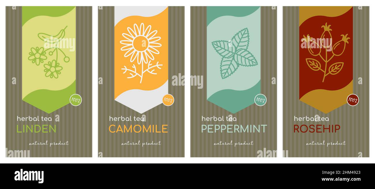 Vector set of herbal tea labels with icons of herbs and plants. Organic