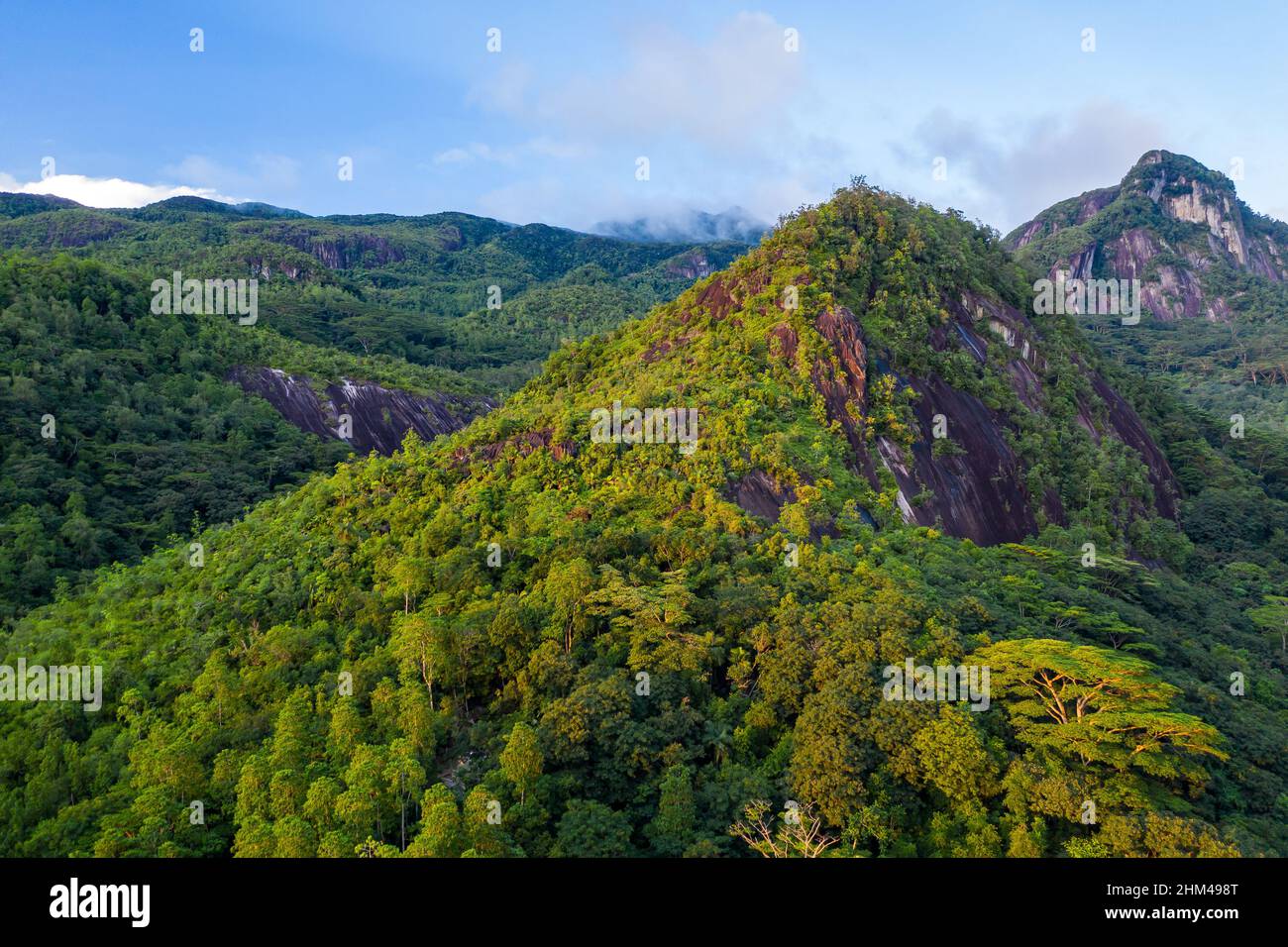 Morne Seychellois National Park aerial view from drone during sunset, golden hour, with lush tropical mountains, Mahe Island, Seychelles. Stock Photo