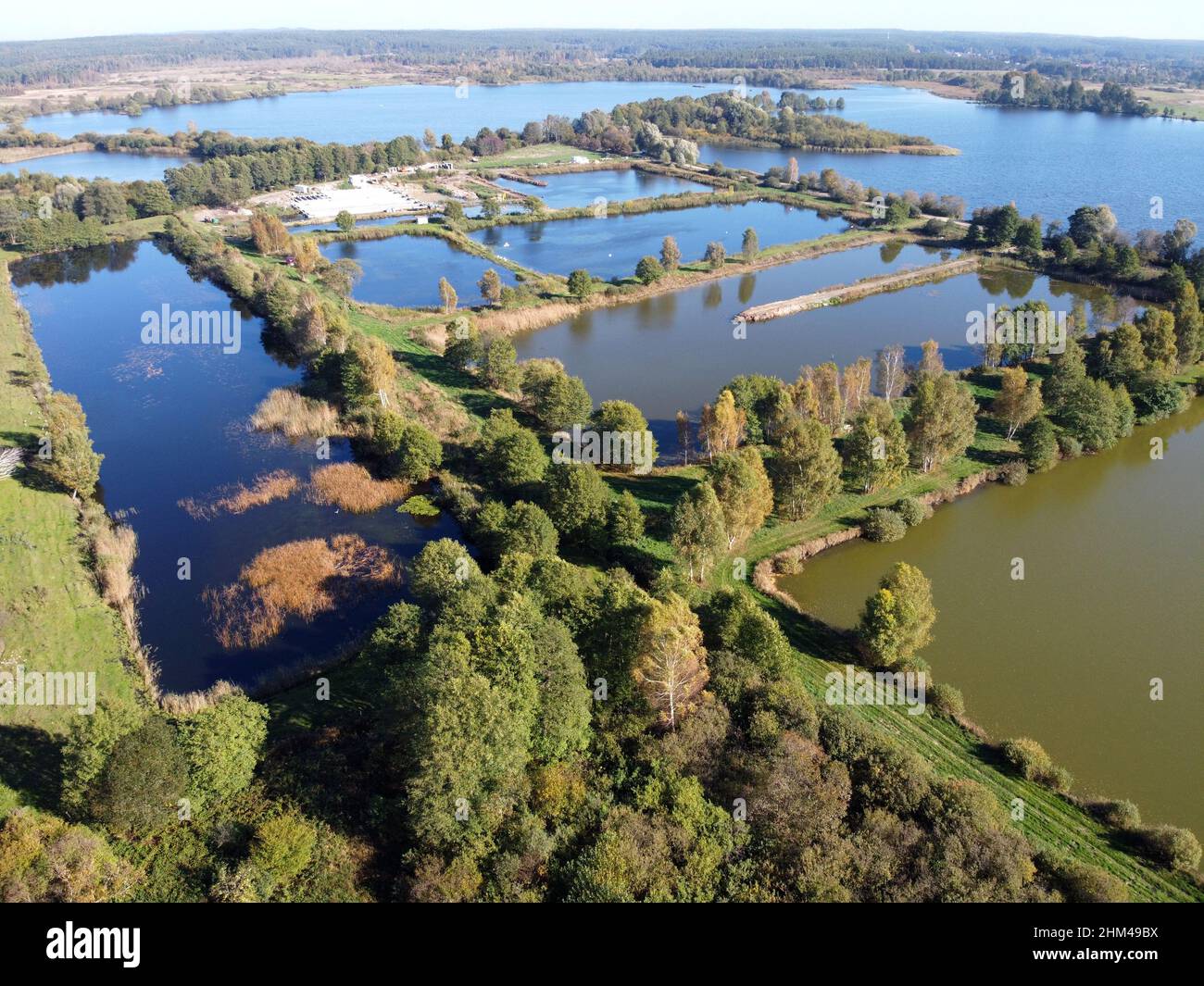 Aerial view of fish ponds by Lake Orle, Pomerania, Poland Stock Photo