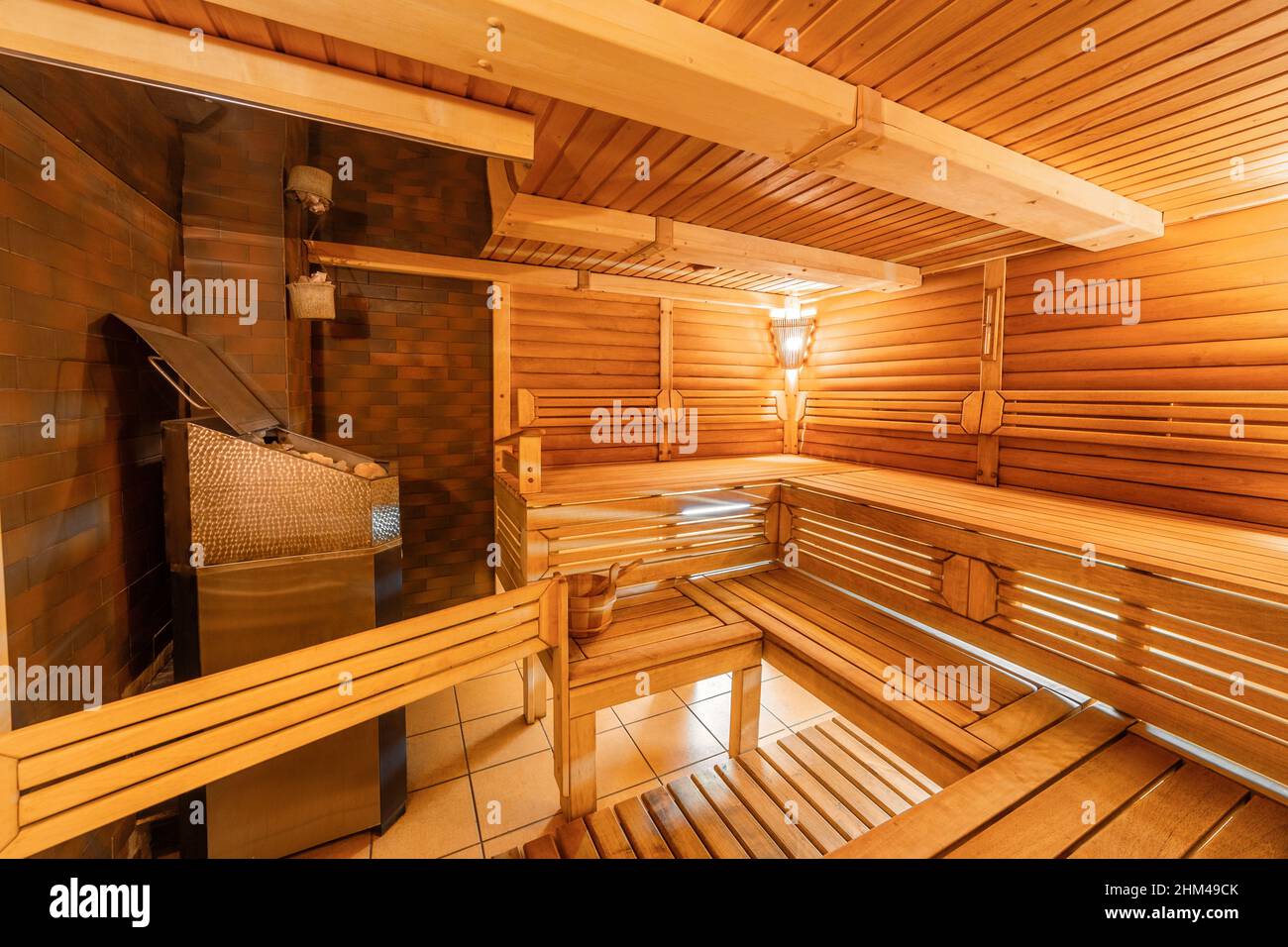 Interior of Finnish sauna, classic wooden sauna Stock Photo
