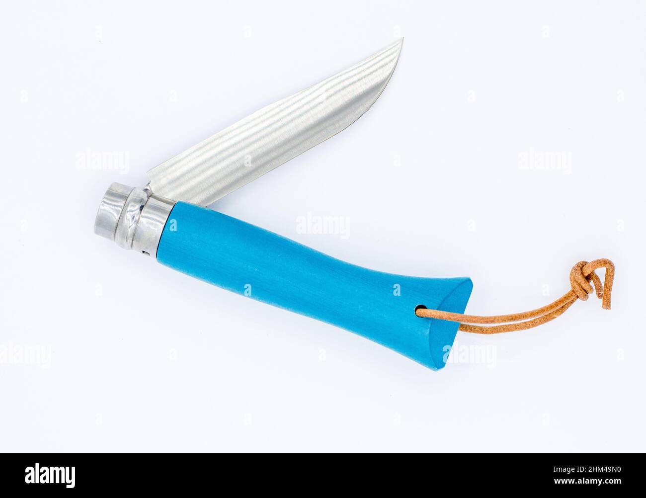 Blue wooden handle folding knife isolated on white background Stock Photo