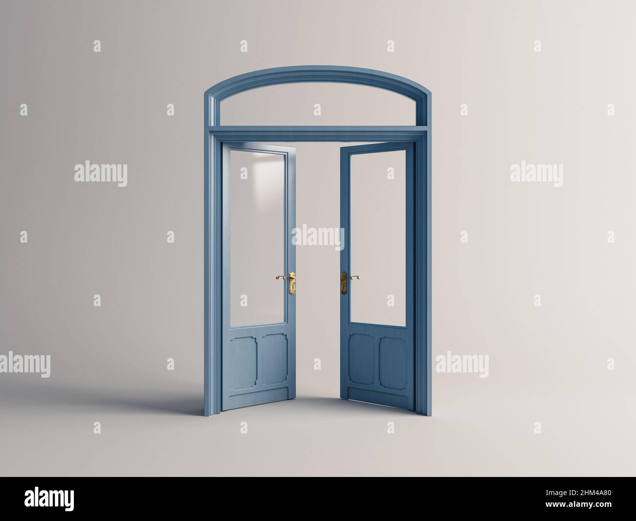 An opening french double door painted blue with brass fittings on an