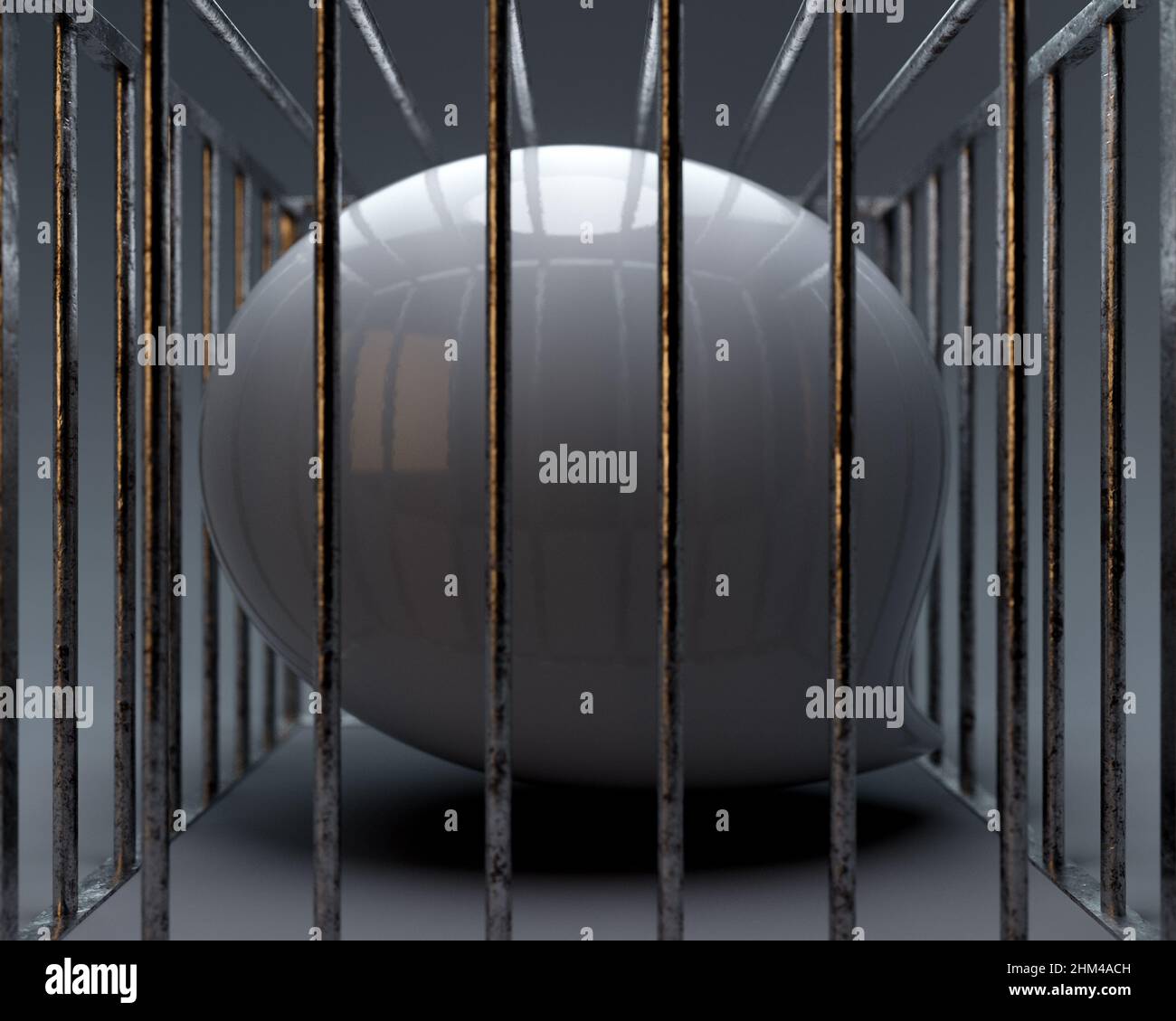 A concept showing a white reflective speech bubble imprisoned in a square steel cage depicting censorship on an isolated dark background - 3D render Stock Photo