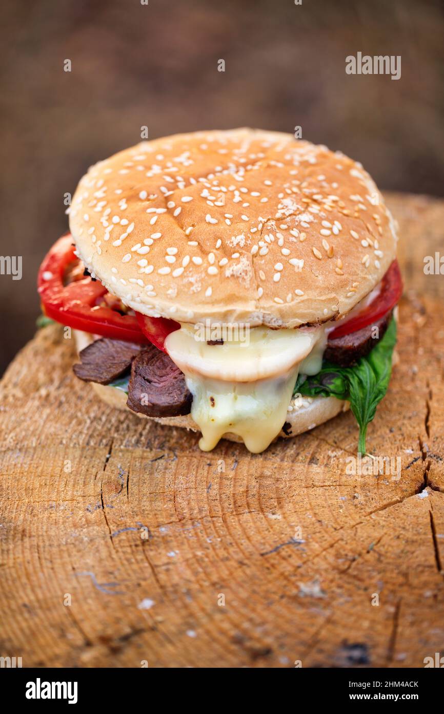 Delicious burger on a wooden rustic surface. Campfire barbecue. Shallow depth of field Stock Photo