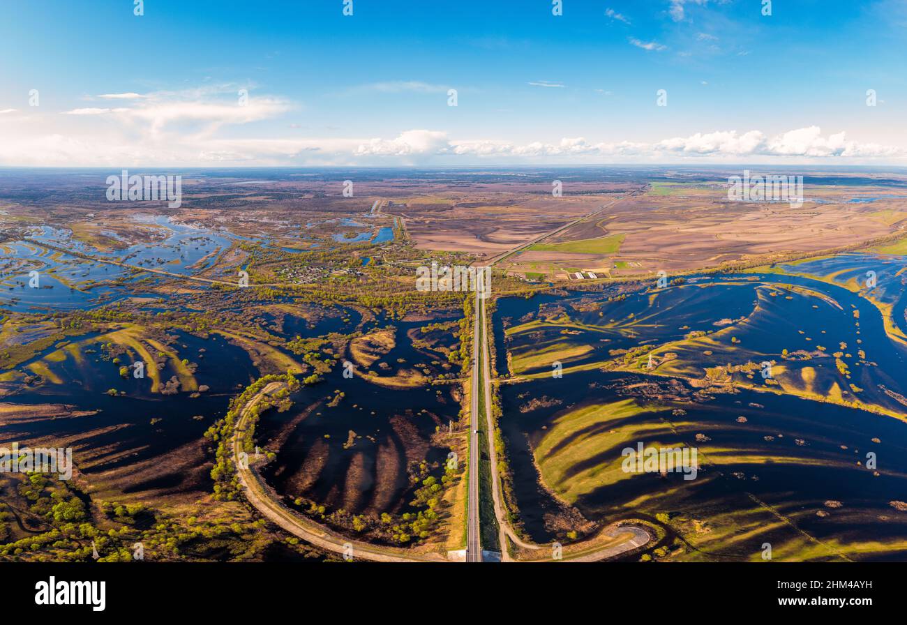 Panorama of flooded floodplains of Pripyat river. Flooded meadows in river bed of Pripyat in Belarus Stock Photo