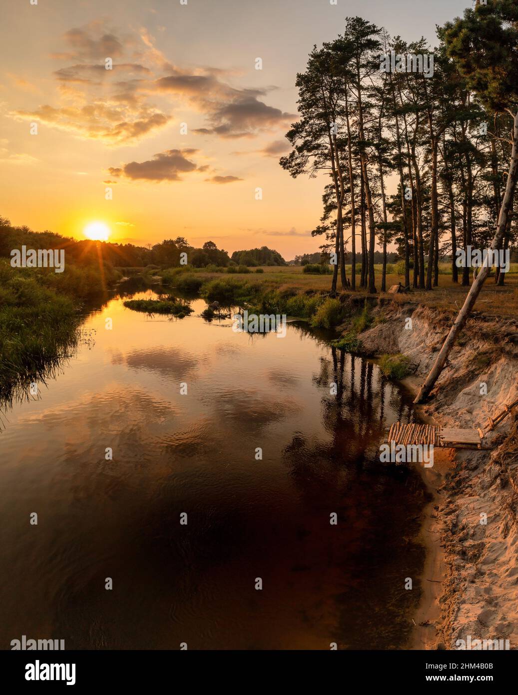 Beautiful sunset over river Neman in Belarus. Beautiful camping ground ...