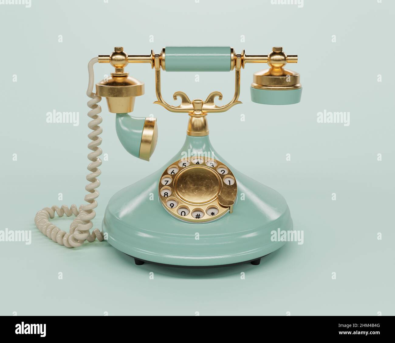 A vintage aquamarine and brass art deco telephone on a light studio background - 3D render Stock Photo