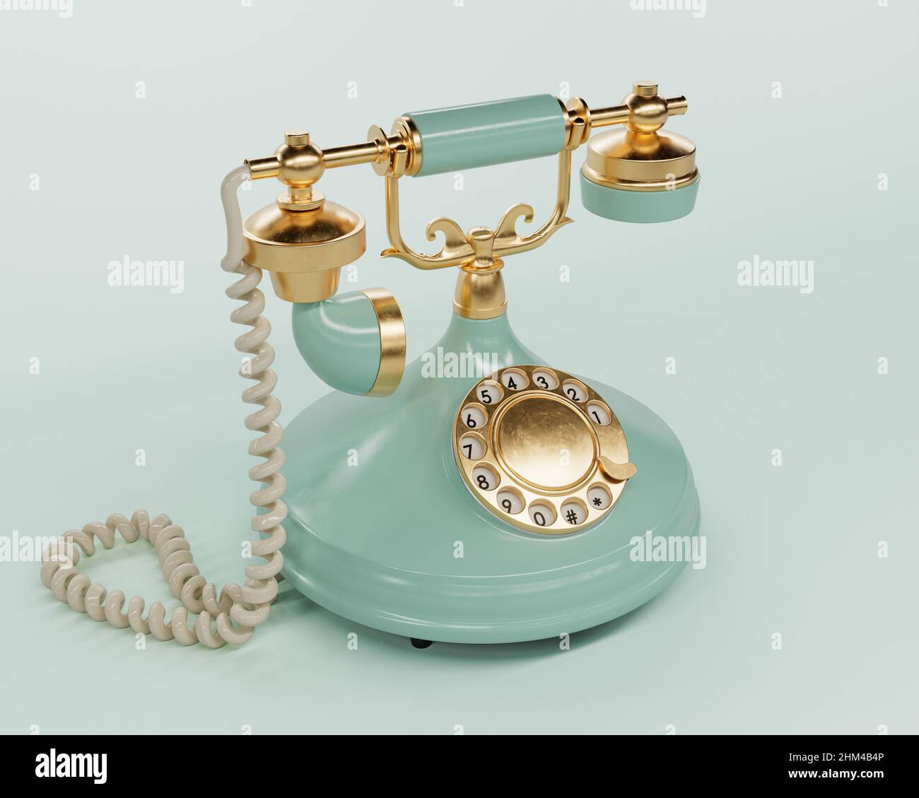 A vintage aquamarine and brass art deco telephone on a light studio background - 3D render Stock Photo