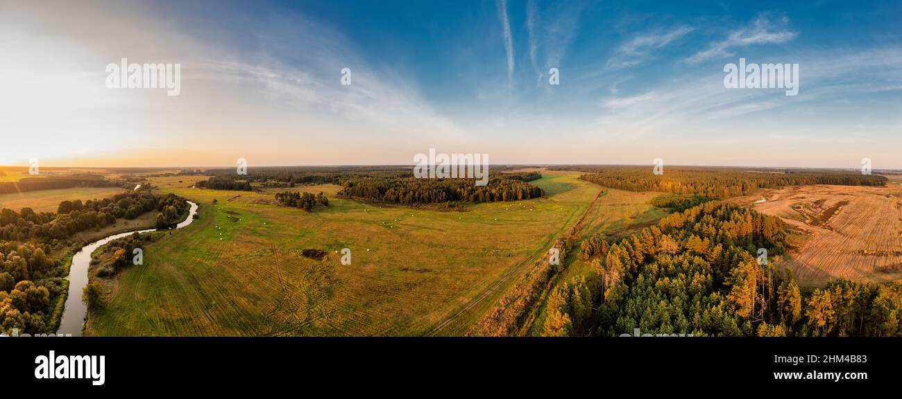 Panoramic view of a meadow at sunset. Rural landscape aerial panorama Stock Photo
