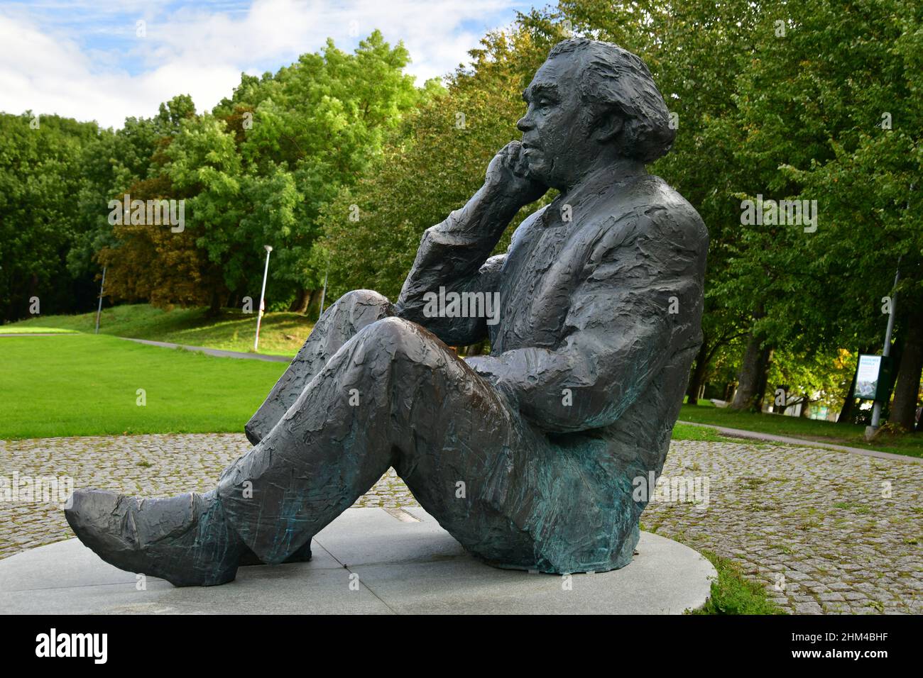 A bronze statue of seated composer Gustav Ernesaks over looks the impressive Tallinn Song Festival Grounds, Laululava, Harju County, Tallinn, Estonia, Stock Photo
