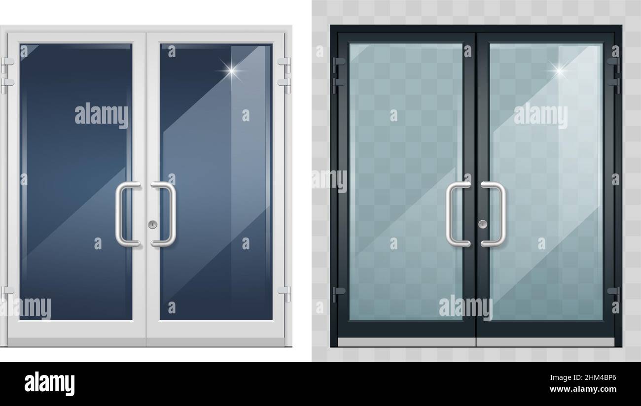 Set of modern entrance doors black. With tinted transparent glass. Vector graphics Stock Vector