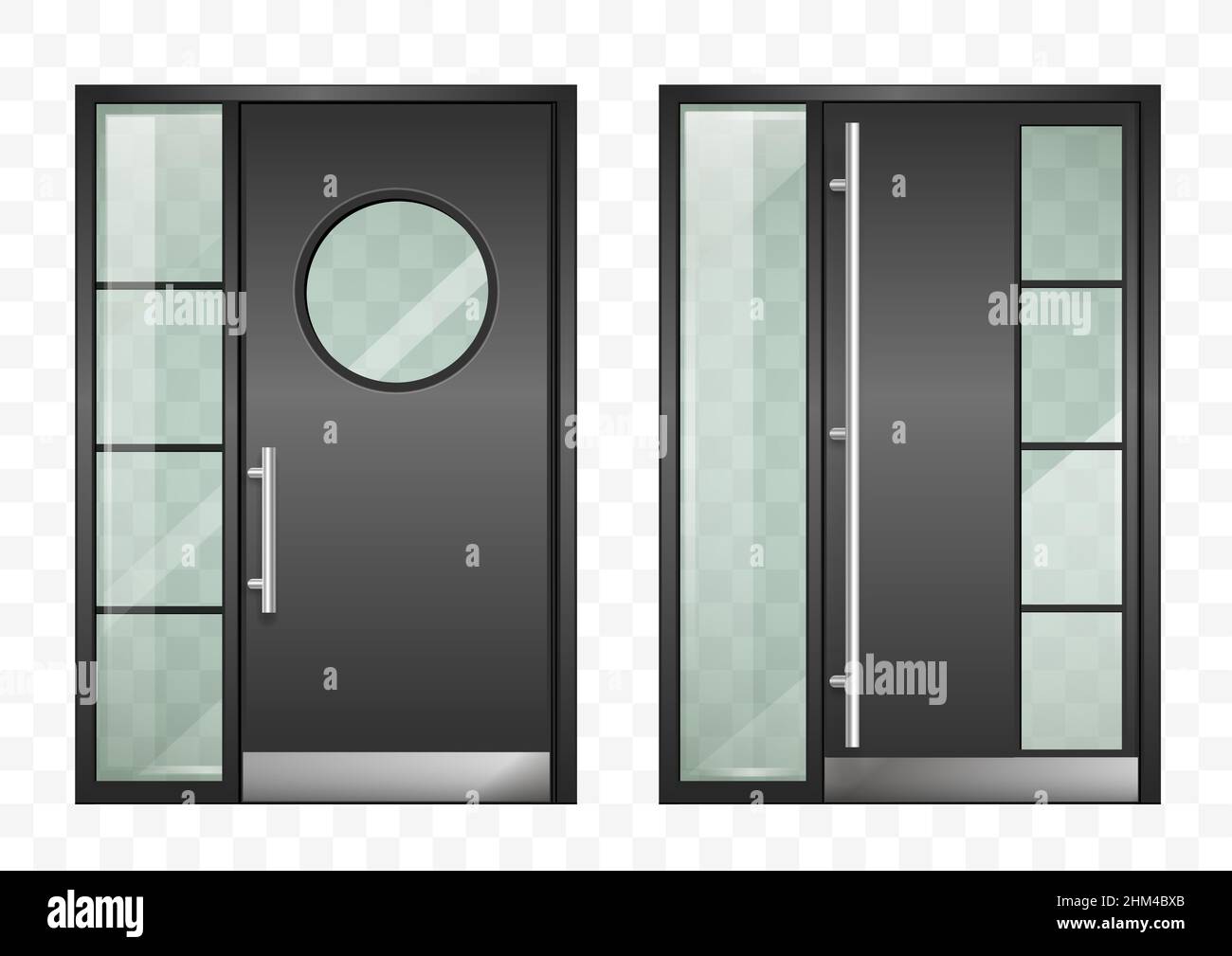 Set of modern entrance doors black. With tinted transparent glass. Vector graphics Stock Vector
