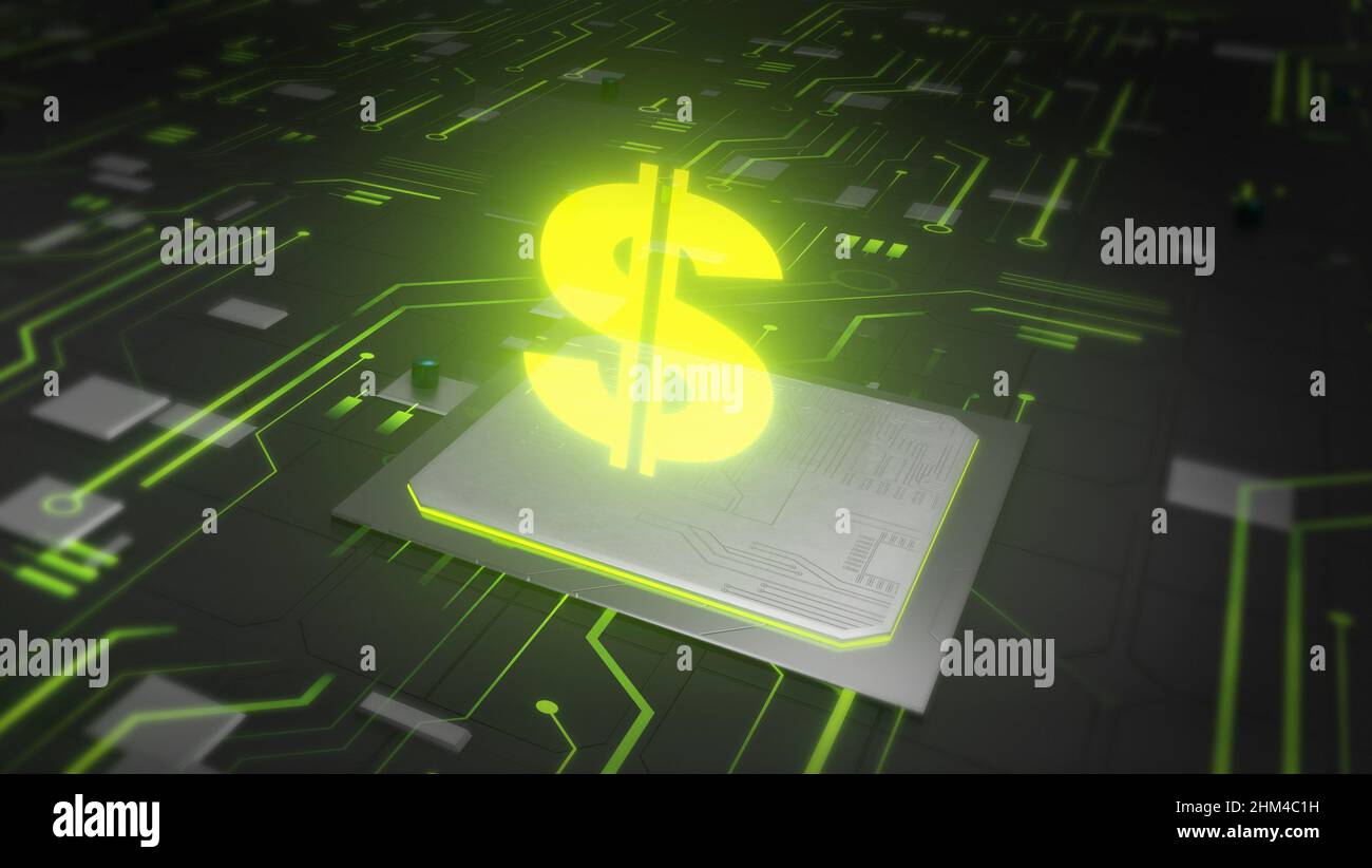 Wide glowing dollar sign on green circuit background with circuit ...