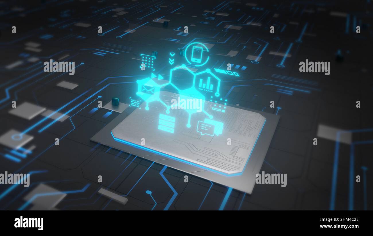Cyber security and protection of private information and data concept. Hologram on blue integrated circuit.3D Illustration Stock Photo